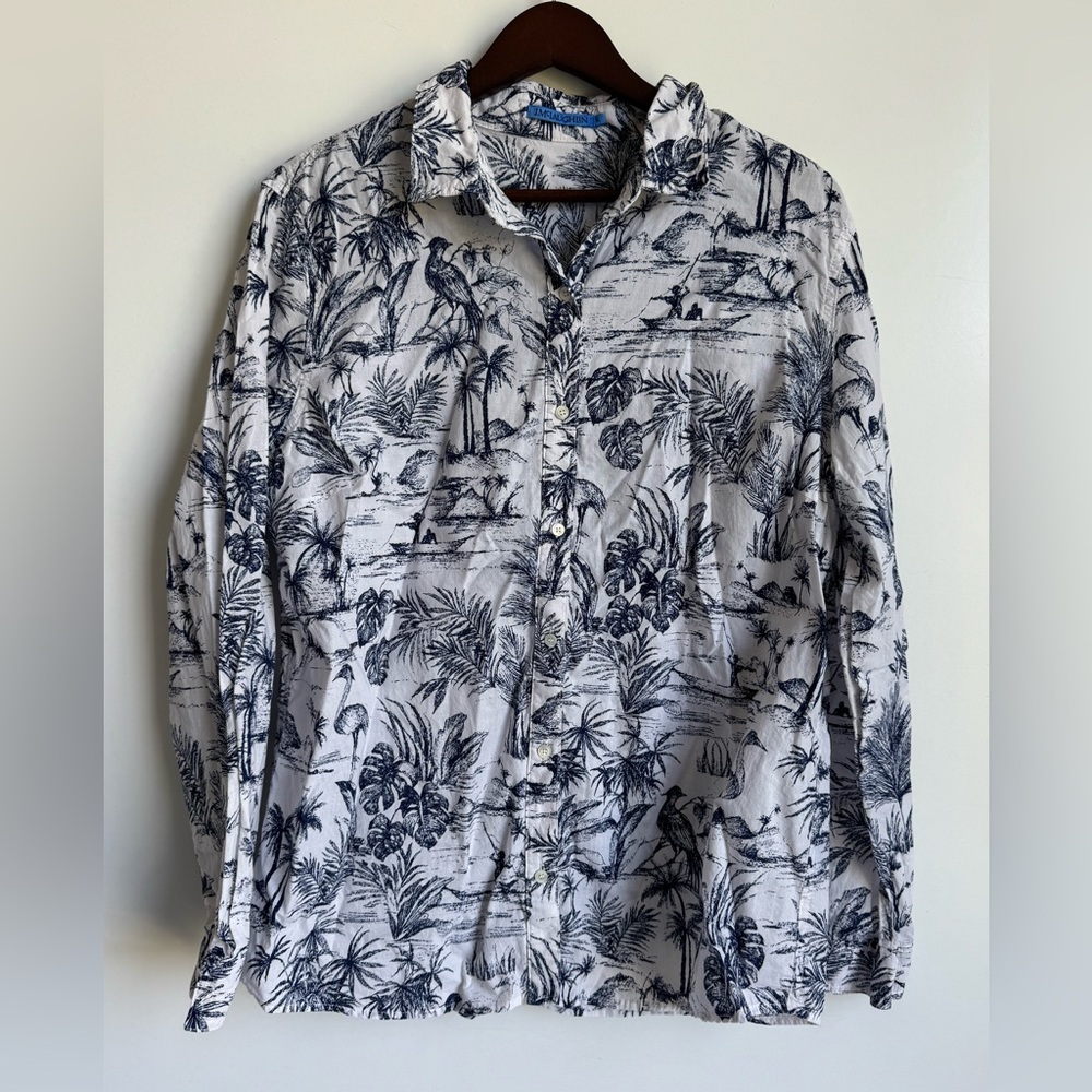 J. McLaughlin White and Blue Tropical Button-Down Shirt - Picture 2 of 10